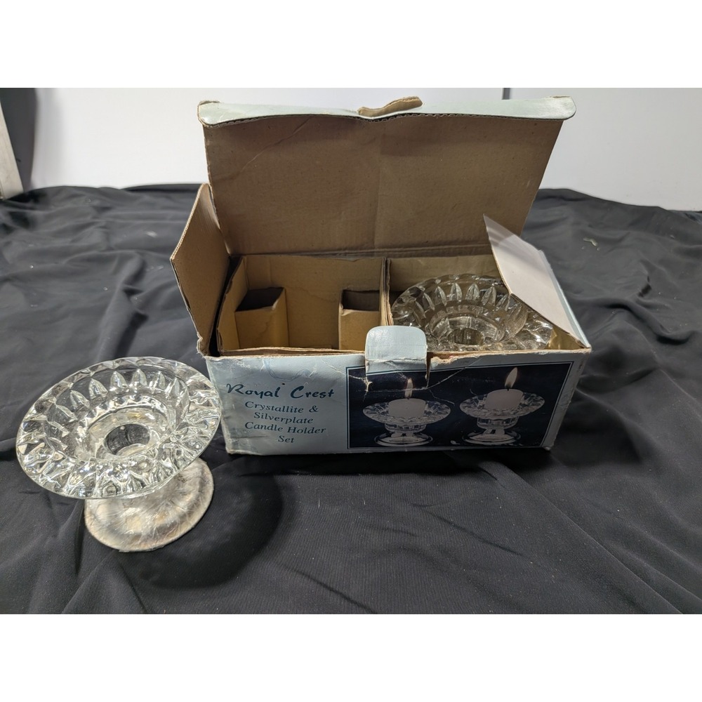 Royal‎ Crest Crystallite & Silverplate Candle Holder Set - New Open-box